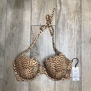 Shade & Shore Leopard Print Halter Push-Up Bra in Tan and Black